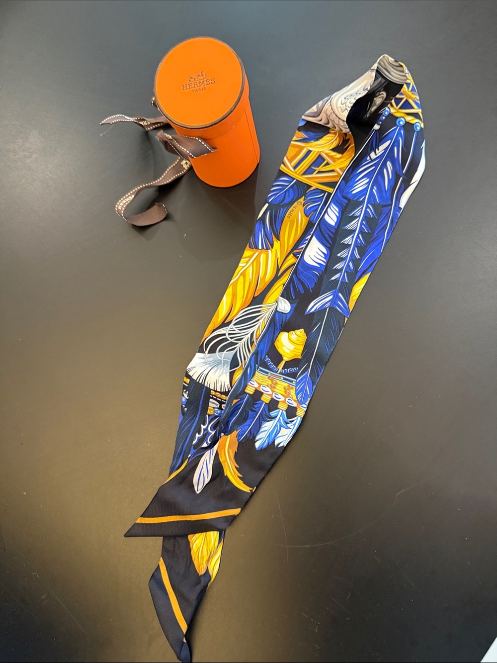 Hermès Blue & Yellow Feather Twilly Scarf (neck/ purse hair scarf)